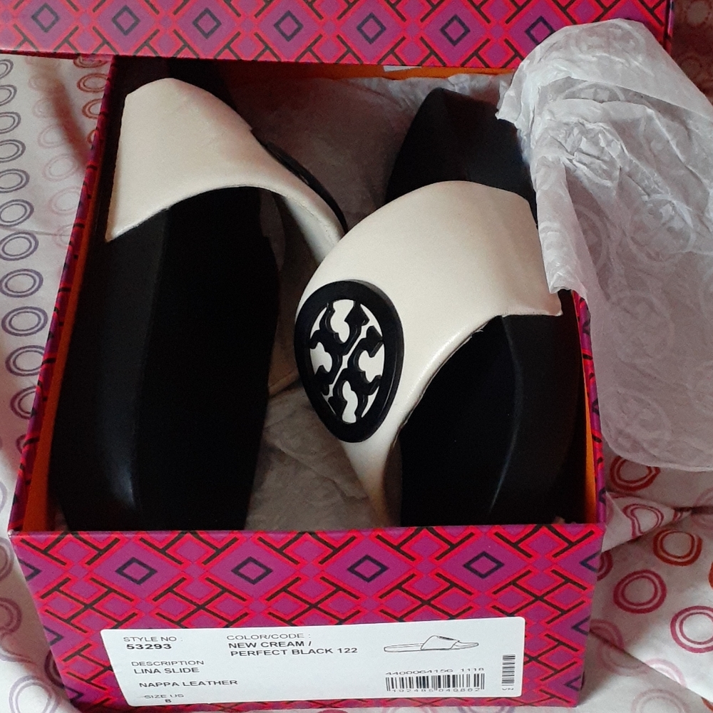 TORY BURCH Lina Cream Black Leather Pool Slides